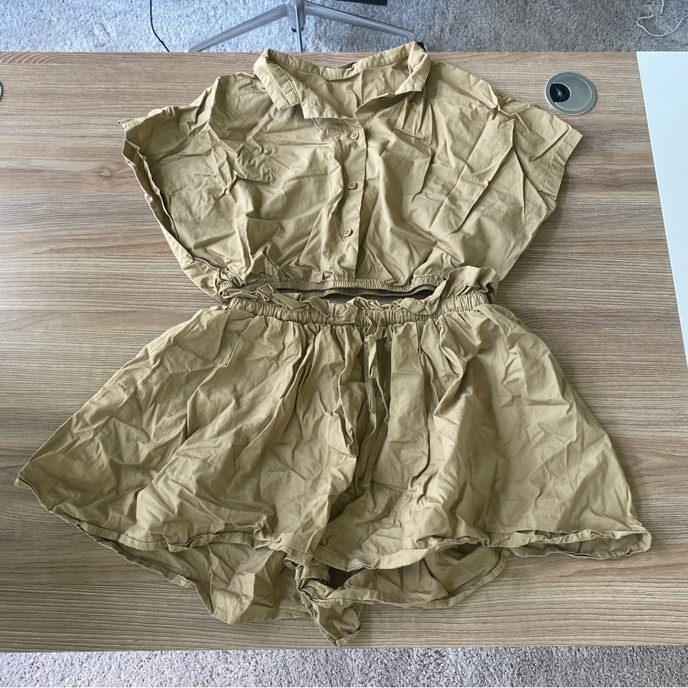 Tan khaki set - drawstring shorts and button up shirt
